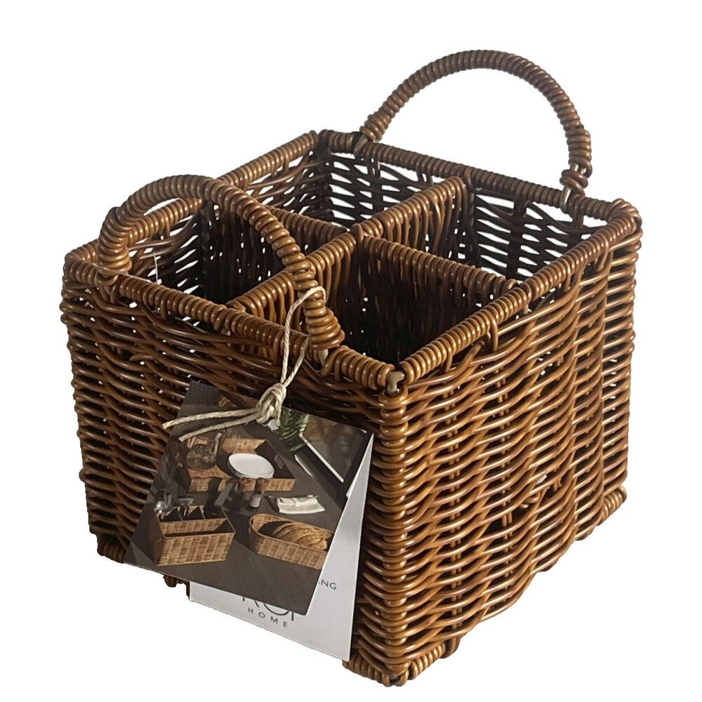 RGI Home Utensil Basket Indoor Outdoor Faux Wicker 4 Slots 6x6x5" Beach